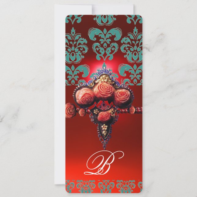 CONVITE ROSAS VERMELHAS DE CORAL, MONOGRAMA PRETO DAMASCO  (Frente)