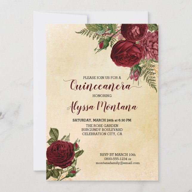 Convite Rosas vermelhas de Quinceanera Burgundy Floral em  (Frente)