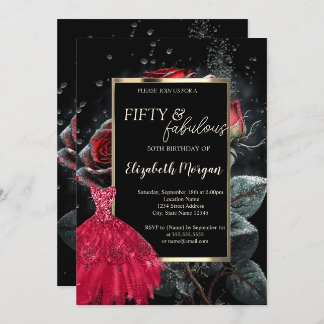 Convite Rosas vermelhas de vestido vermelho preto 50º aniv (Frente/Verso)