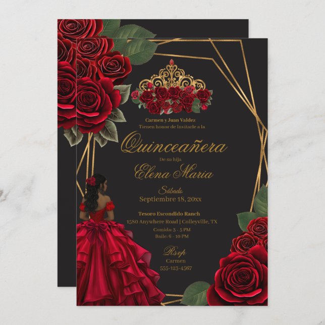 Convite Rosas vermelhas Douradas Princesa Quinceañera (Frente/Verso)