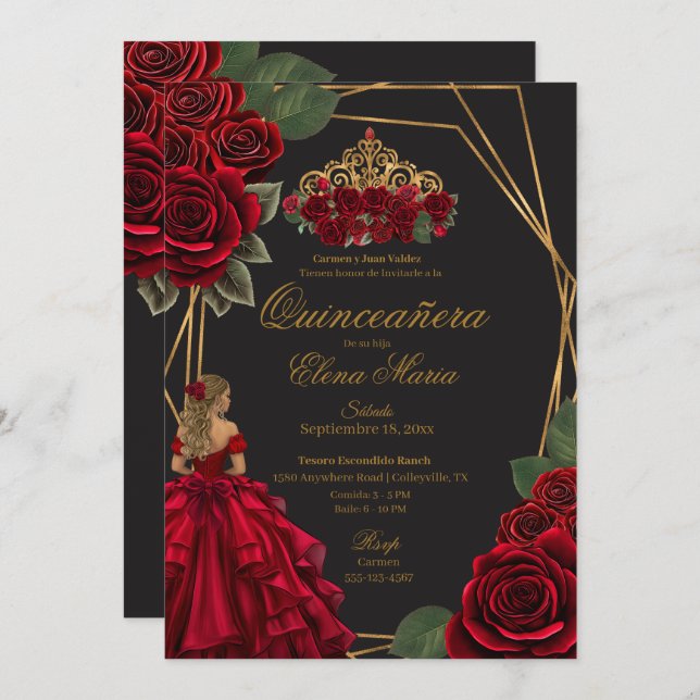 Convite Rosas vermelhas Douradas Princesa Quinceañera (Frente/Verso)