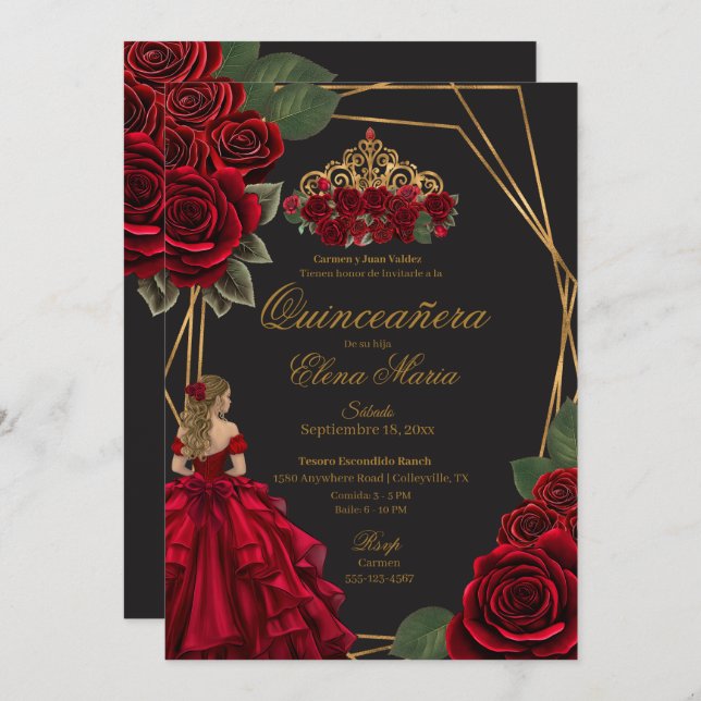 Convite Rosas vermelhas Douradas Princesa Quinceañera (Frente/Verso)