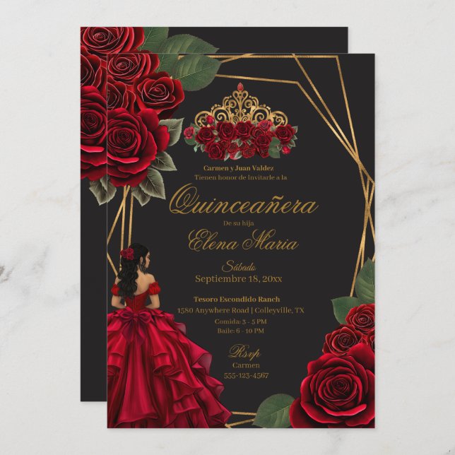 Convite Rosas vermelhas Douradas Princesa Quinceañera (Frente/Verso)