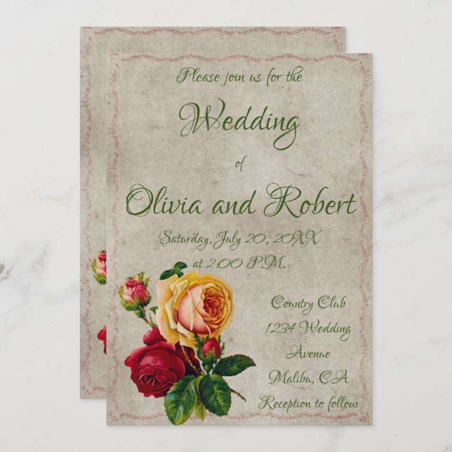 Convite Rosas vermelhas e amarelas da safra personalizada (Frente/Verso)