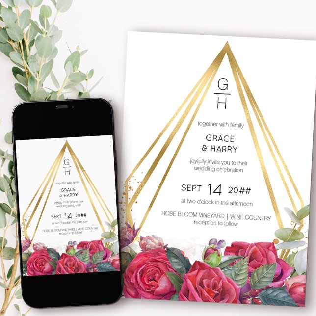 Convite Rosas vermelhas e Casamento de Frame Geométrico da (Monogram wedding invitation from my Red Rose and Eucalyptus collection)
