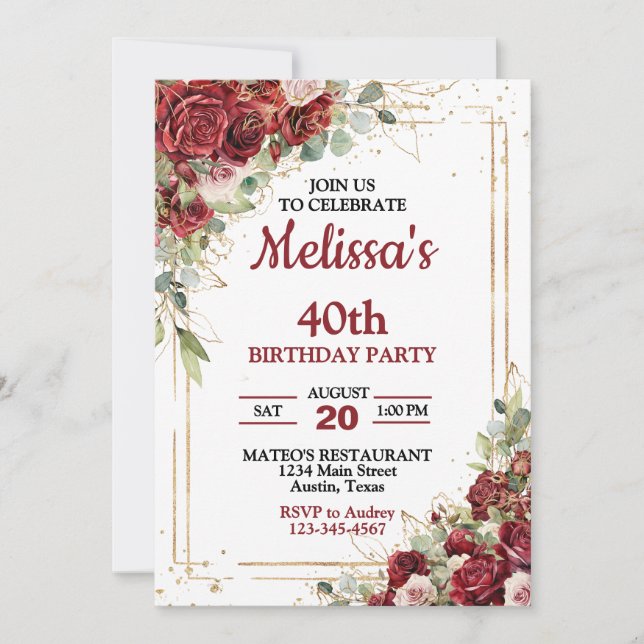Convite Rosas Vermelhas e Douradas em Moldura para Anivers (Frente)