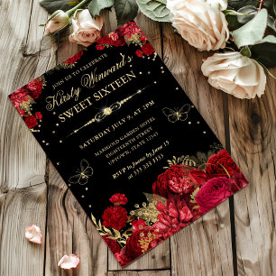 Convite Rosas Vermelhas e Douradas na Borda Floral Sweet S