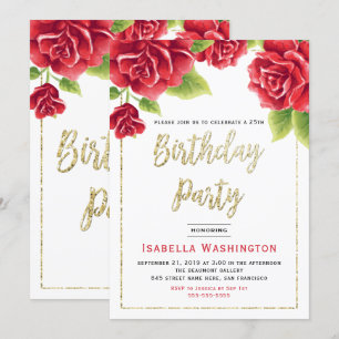 Convite Rosas vermelhas e Festa de aniversário brilhante 