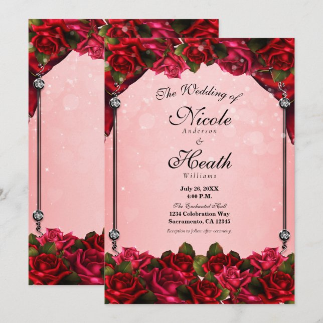 Convite Rosas Vermelhas e Glamour Cor-de-Rosa Casamento (Frente/Verso)