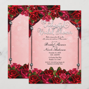 Convite Rosas Vermelhas e Glamour Rosa Floral Chá de Noiva