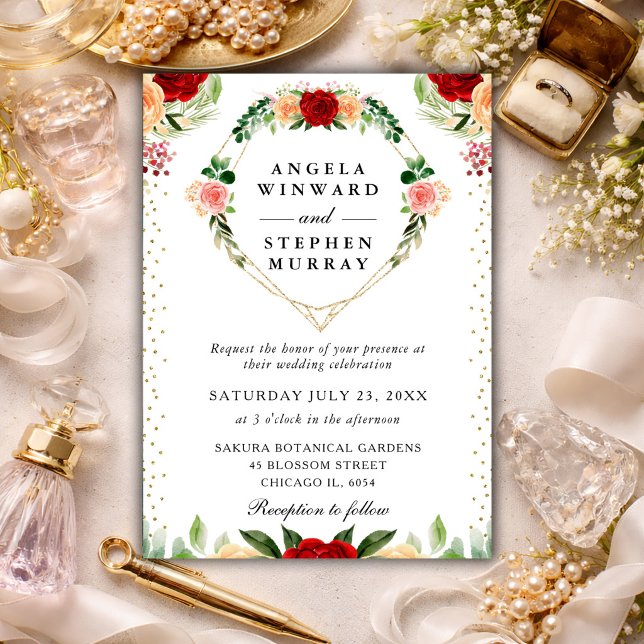 Convite Rosas Vermelhas e Laranjas Flores Coroa de Coração (Criador carregado)