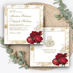 Convite Rosas Vermelhas e Mármore Dourado Casamento Islâmi