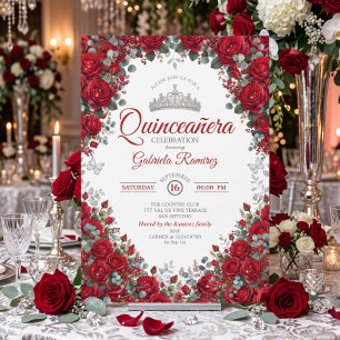 Convite Rosas Vermelhas e Prateadas Modernas Quinceañera
