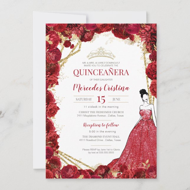 Convite Rosas vermelhas e Quinceanera Dourada (Frente)