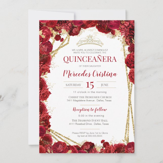 Convite Rosas vermelhas e Quinceanera Dourada com Tiara (Frente)