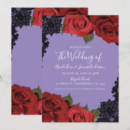 Convite Rosas Vermelhas e Renda Preta Casamento Chic Roxo