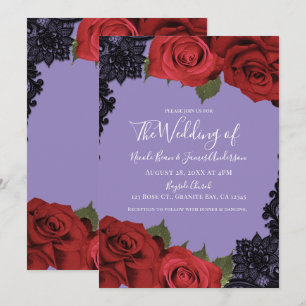 Convite Rosas Vermelhas e Renda Preta Casamento Chic Roxo
