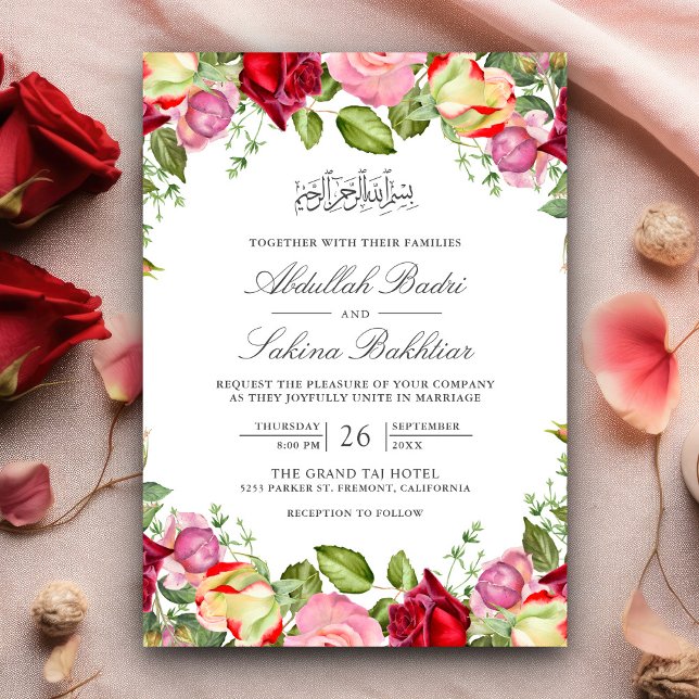 Convite Rosas Vermelhas e Rosadas Florais Casamento Muçulm (Criador carregado)
