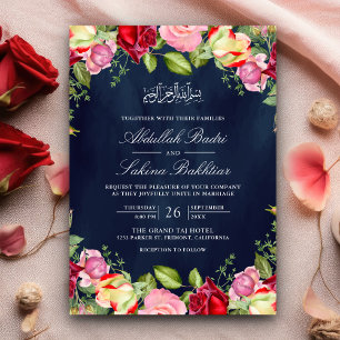 Convite Rosas Vermelhas e Rosas Florais Azul Marinho Casam