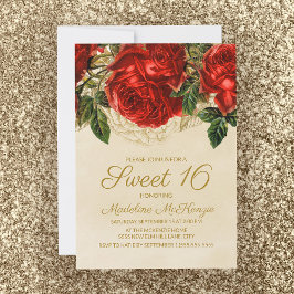 Convite Rosas Vermelhas Elegantes Bege Aniversário de 16 a