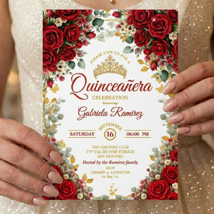 Convite Rosas Vermelhas Elegantes Borboletas Douradas Quin