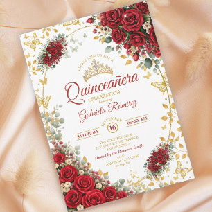 Convite Rosas Vermelhas Elegantes Borboletas Douradas Quin