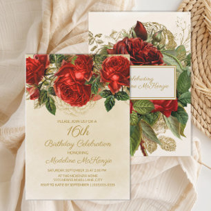 Convite Rosas vermelhas Elegantes Champanhe 16º Aniversá