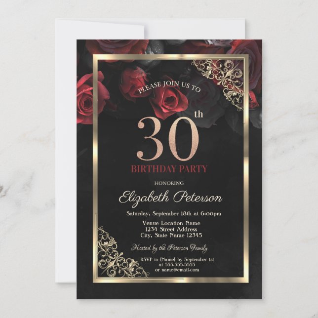 Convite Rosas Vermelhas Elegantes Enquadram 30º Aniversári (Frente)