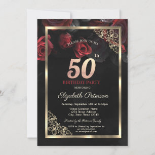 Convite Rosas Vermelhas Elegantes Enquadram 50º Aniversári