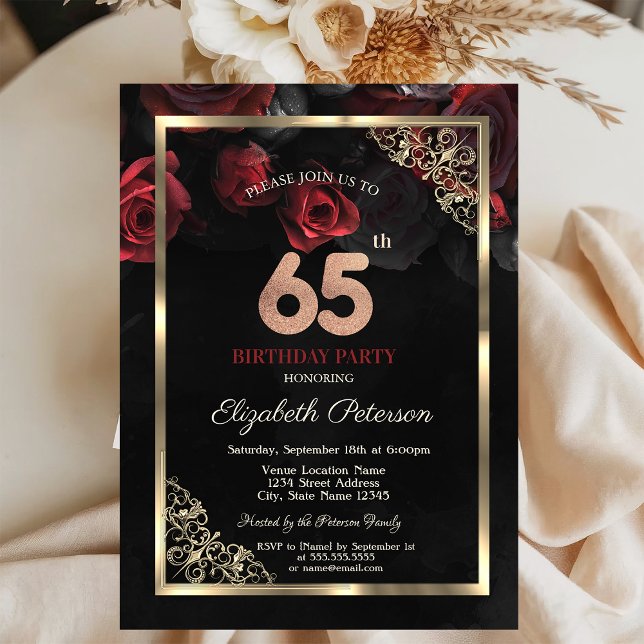 Convite Rosas Vermelhas Elegantes Enquadram 65º Aniversári (Criador carregado)