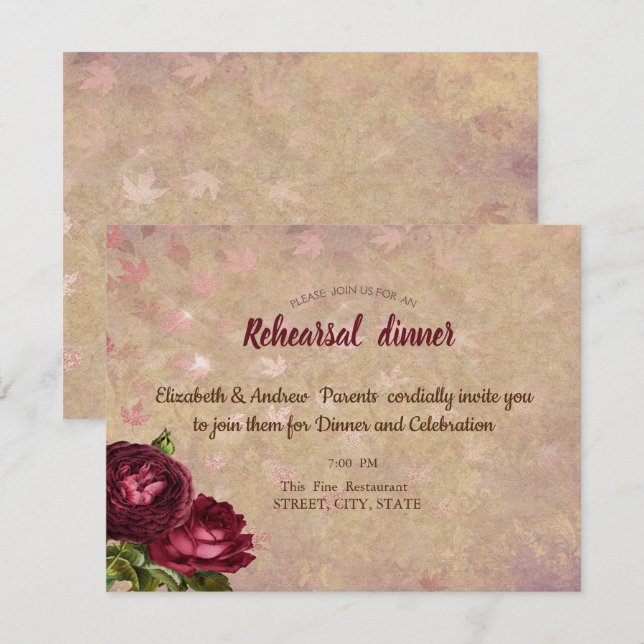 Convite Rosas Vermelhas Elegantes Folhas Caindo  (Frente/Verso)