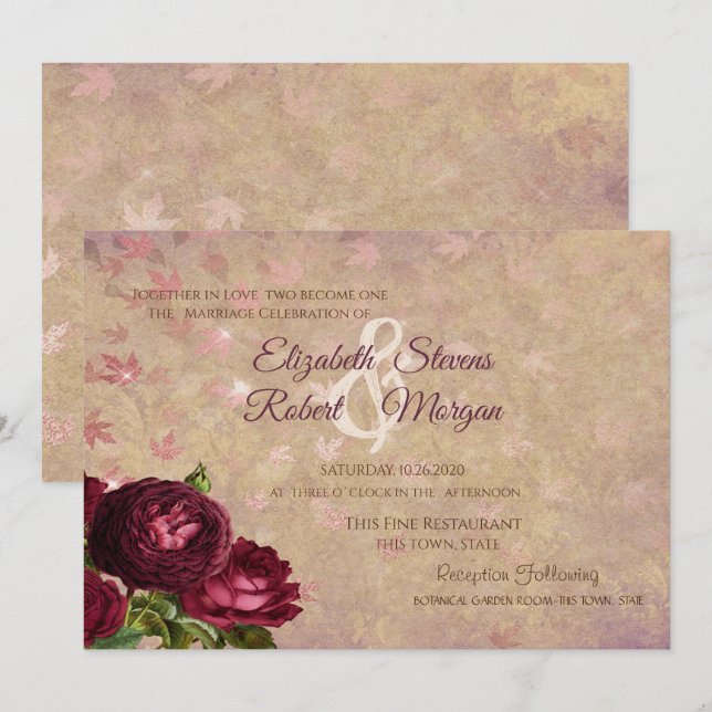 Convite Rosas Vermelhas Elegantes Folhas Caindo  (Frente/Verso)