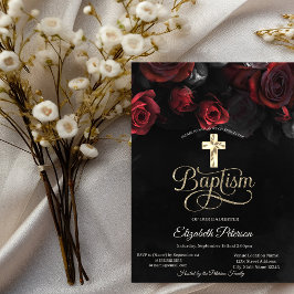 Convite Rosas Vermelhas Elegantes Góticas Batismo Preto