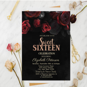 Convite Rosas Vermelhas Elegantes Pretas Sweet 16