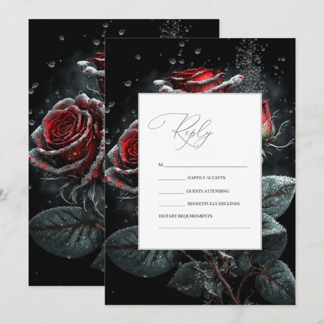Convite Rosas Vermelhas Elegantes Preto RSVP (Frente/Verso)