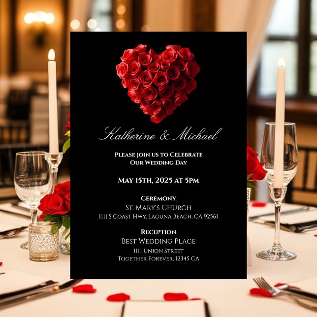 Convite Rosas Vermelhas em Forma de Coração- (Wedding Invitation Red Roses in the Shape of a Heart- Black White and Red)