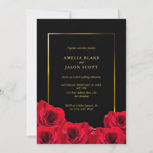 Convite Rosas vermelhas em preto   Dourado quadro com casa