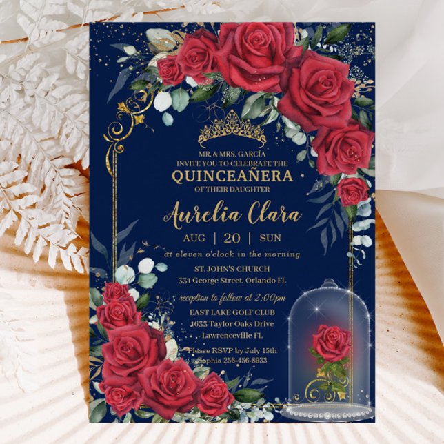 Convite Rosas vermelhas Encantadas Quinceañera Marinho Flo (enchanted red roses Quinceañera sweet 16 birthday invitation card printed instant download)