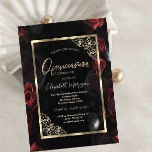 Convite Rosas Vermelhas Escuras Moldura Dourada Quinceañer