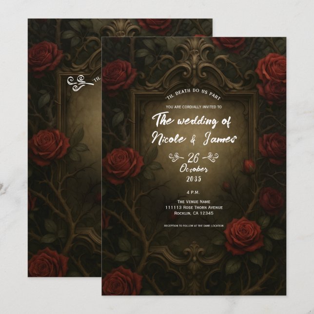 Convite Rosas Vermelhas Espinho Carmesim Casamento Gótico  (Frente/Verso)
