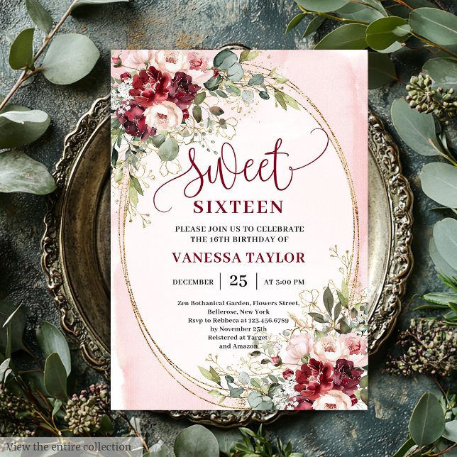 Convite Rosas Vermelhas Florais Beijo de Rosa Aniversário  (Floral Blush Burgundy Roses Sweet Sixteen Party Invite

)