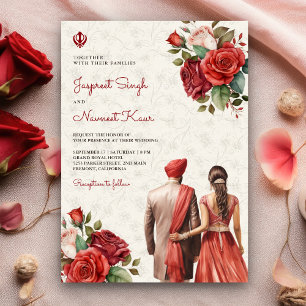 Convite Rosas Vermelhas Florais Casamento Sikh Punjabi Ind