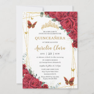 Convite Rosas Vermelhas Floral Borboletas Douradas Quincea