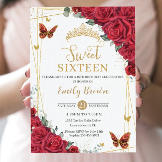 Convite Rosas Vermelhas Floral Borboletas Douradas Sweet S (Criador carregado)