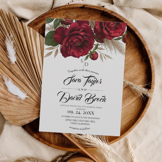 Convite Rosas Vermelhas Floral Casamento Boho Moderno (Criador carregado)