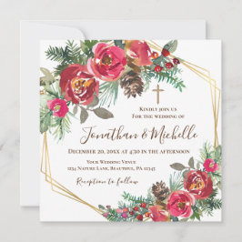 Convite Rosas vermelhas Floral Dourada Cruz Cristã Casamen