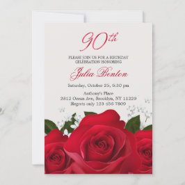 Convite Rosas vermelhas, flores brancas, 90 de Aniversário