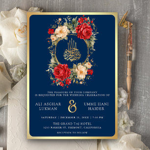 Convite Rosas Vermelhas Flores de Marfim Azul Dourado Casa