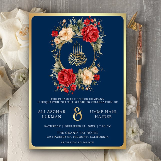 Convite Rosas Vermelhas Flores de Marfim Azul Dourado Casa (Criador carregado)