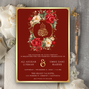 Convite Rosas Vermelhas Flores de Marfim Marrom Dourado Ca